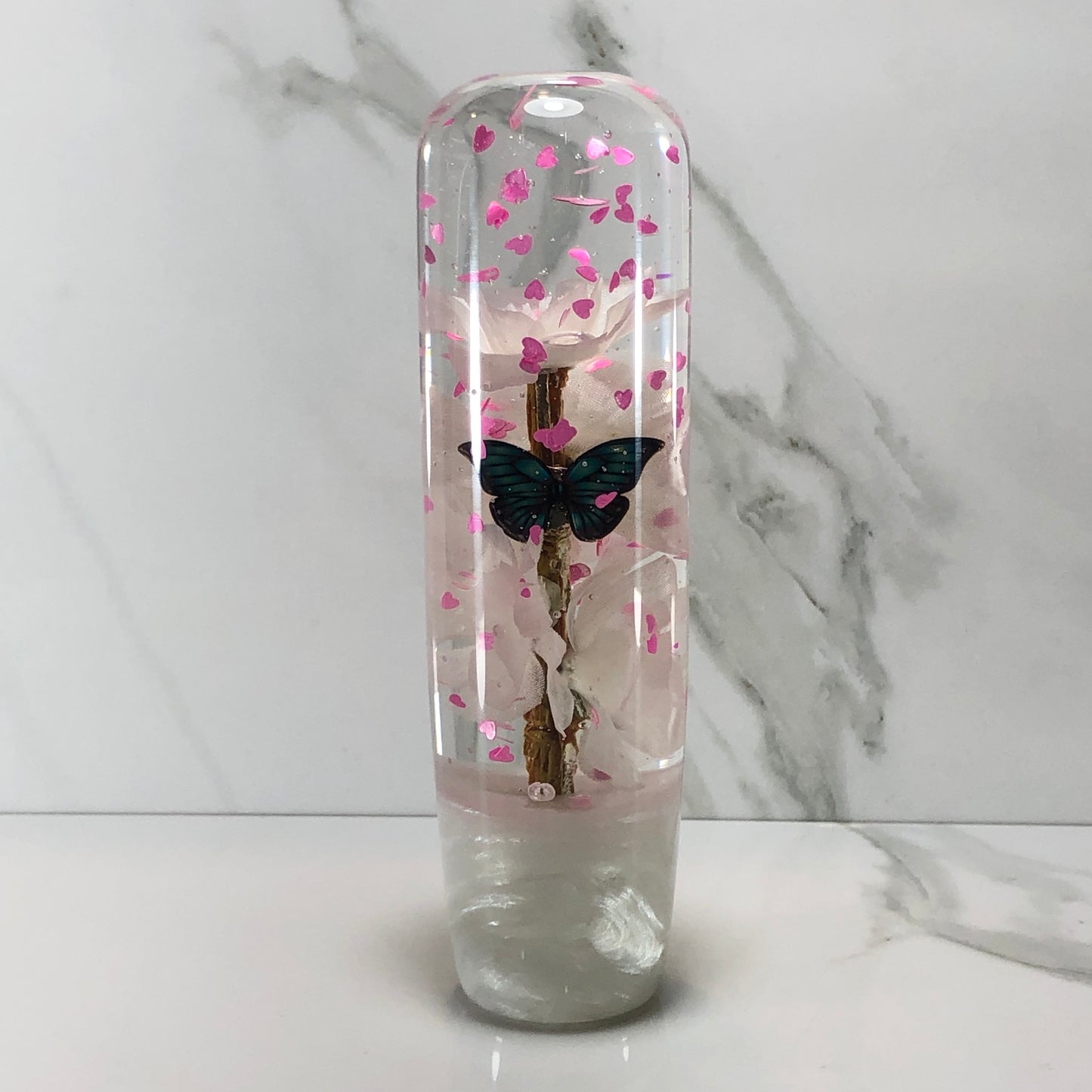 Mr__Grip 5 1/2 Inch Resin Custom Shift Knob White Cherry Blossom Pink Hearts #426