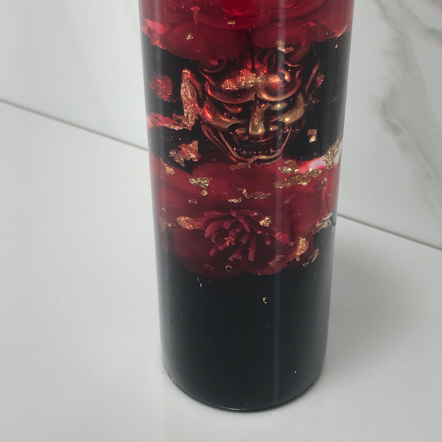 Mr__Grip 4 1/2 inch resin black red cherry blossom oni mask #386