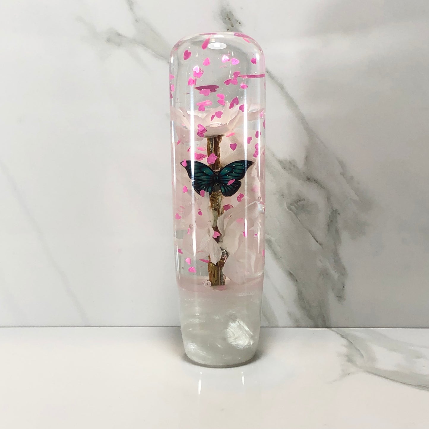 Mr__Grip 5 1/2 Inch Resin Custom Shift Knob White Cherry Blossom Pink Hearts #426