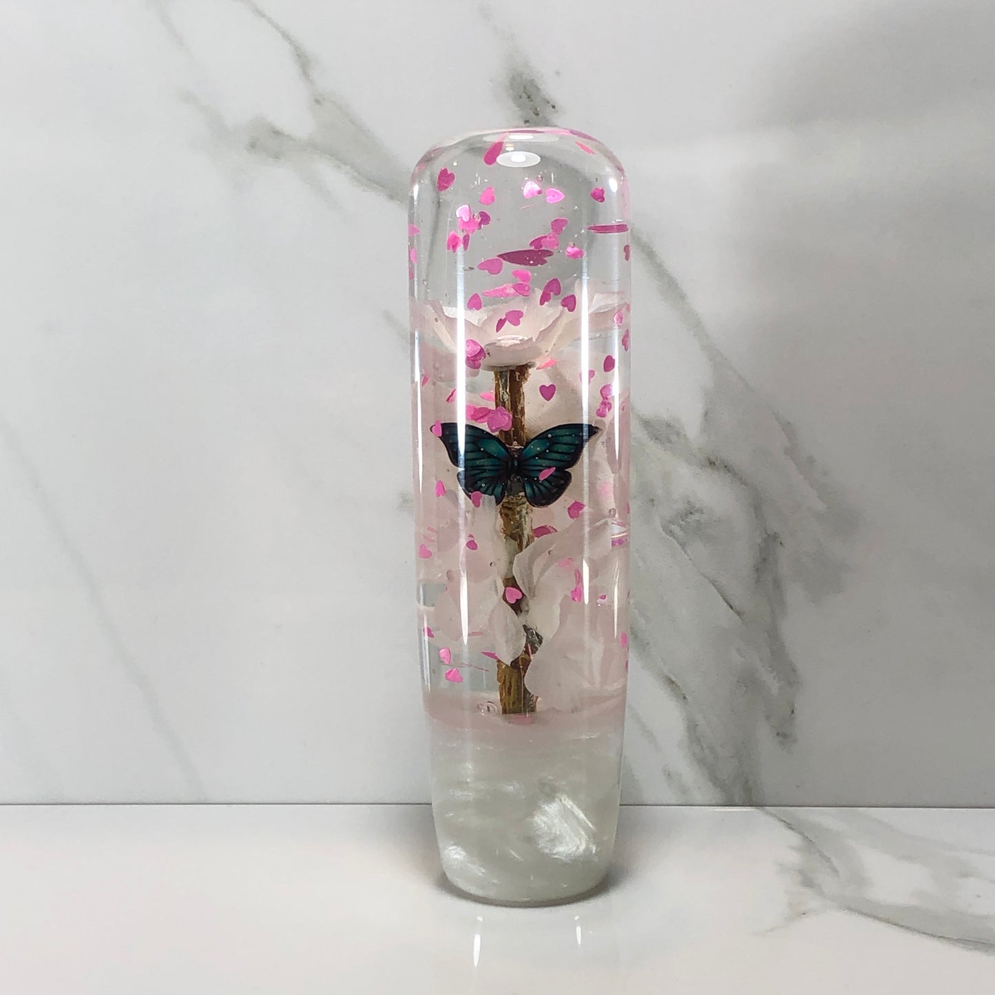 Mr__Grip 5 1/2 Inch Resin Custom Shift Knob White Cherry Blossom Pink Hearts #426