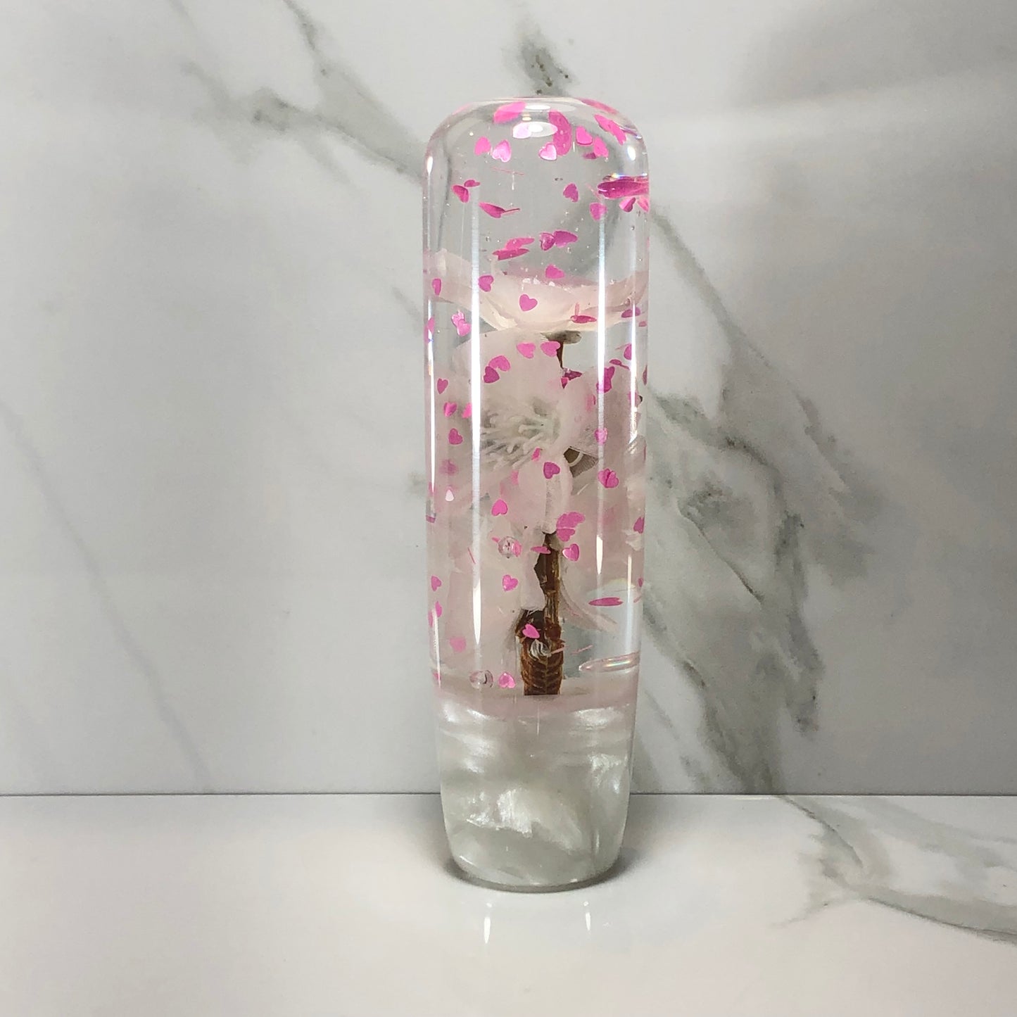 Mr__Grip 5 1/2 Inch Resin Custom Shift Knob White Cherry Blossom Pink Hearts #426