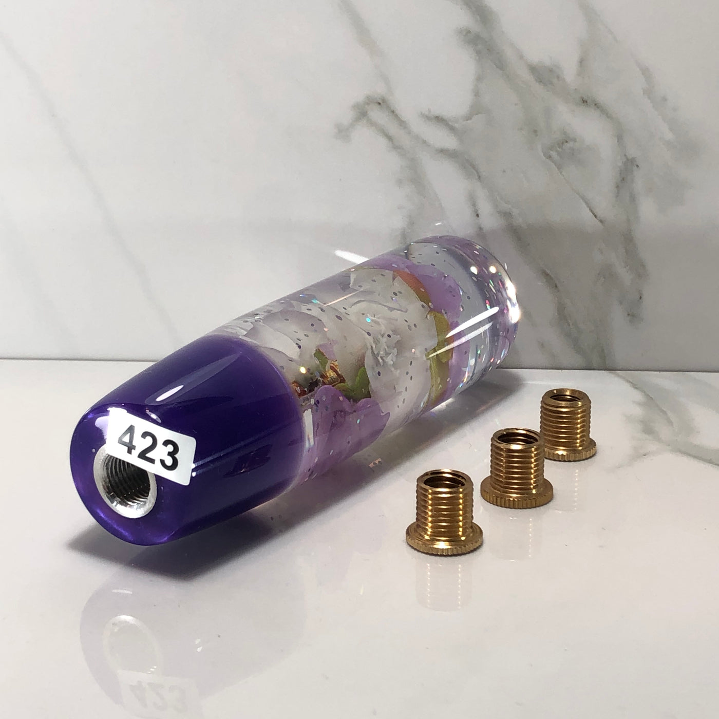 140mm Purple White Blossom Resin Shift Knob — 5.5 in, 12mm x 1.25