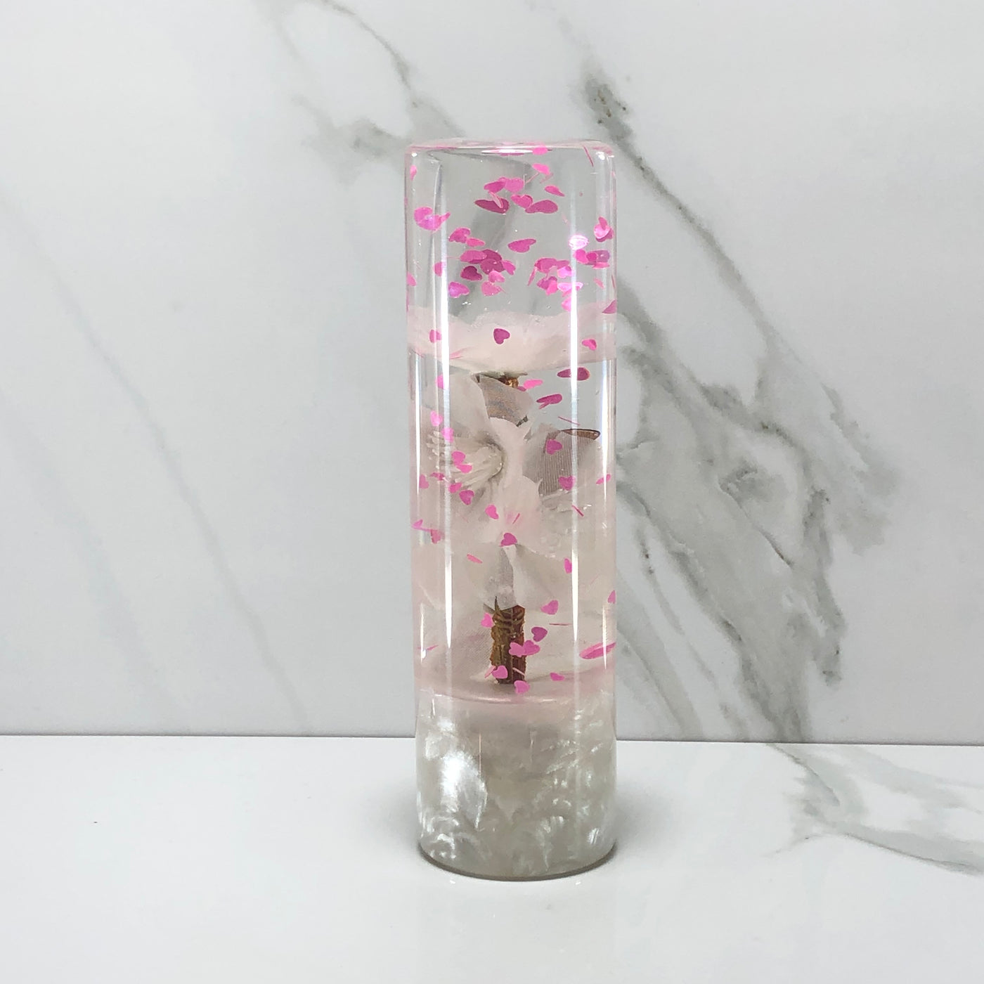 140mm White Pink Blossom Hearts Resin Shift Knob — 5.5 in, 12mm x 1.25