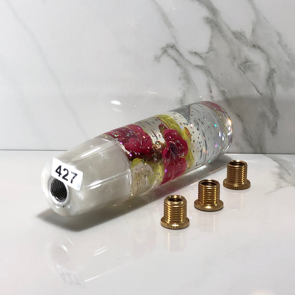 140mm White Hot Pink Blossom Resin Shift Knob — 5.5 in, 12mm x 1.25