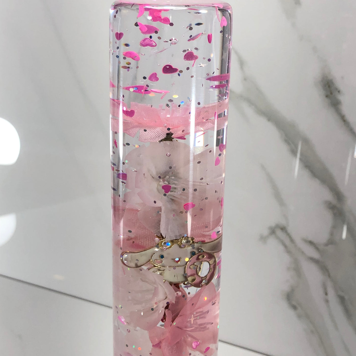 190mm Pink White Blossom Charm Resin Shift Knob — 7.5 in, 12mm x 1.25