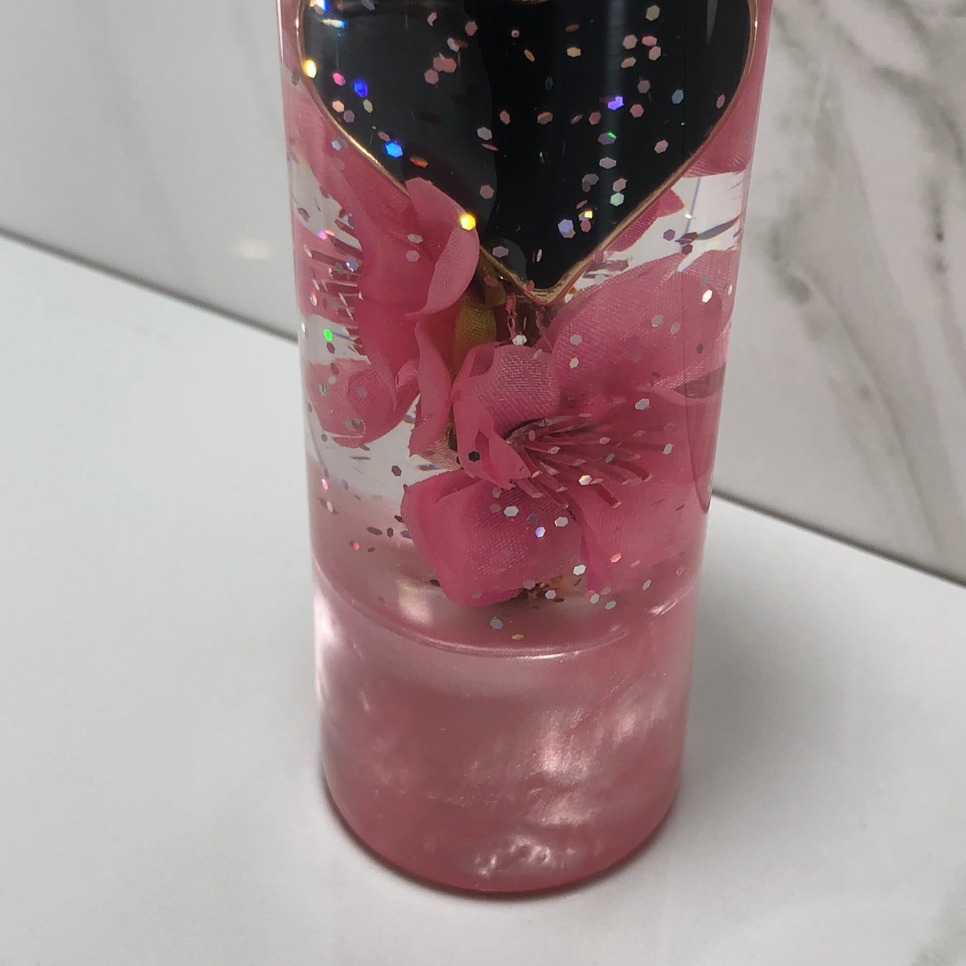 140mm Pink Black Blossom Heart Resin Shift Knob — 5.5 in, 12mm x 1.25