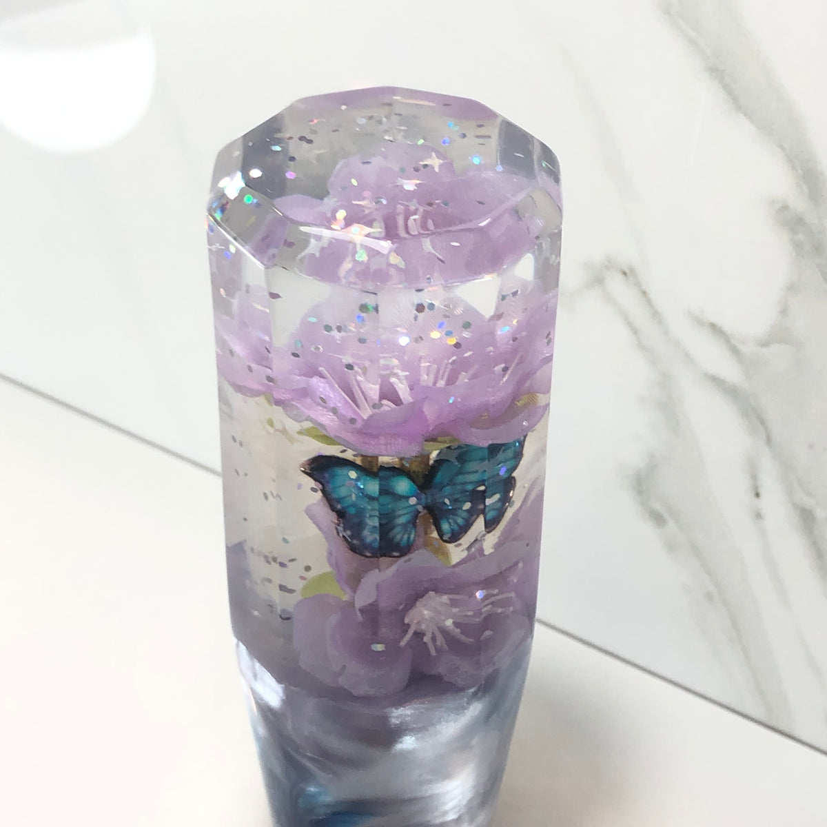 115mm Purple Blossom Butterfly Resin Shift Knob — 4.5 in, 12mm x 1.25