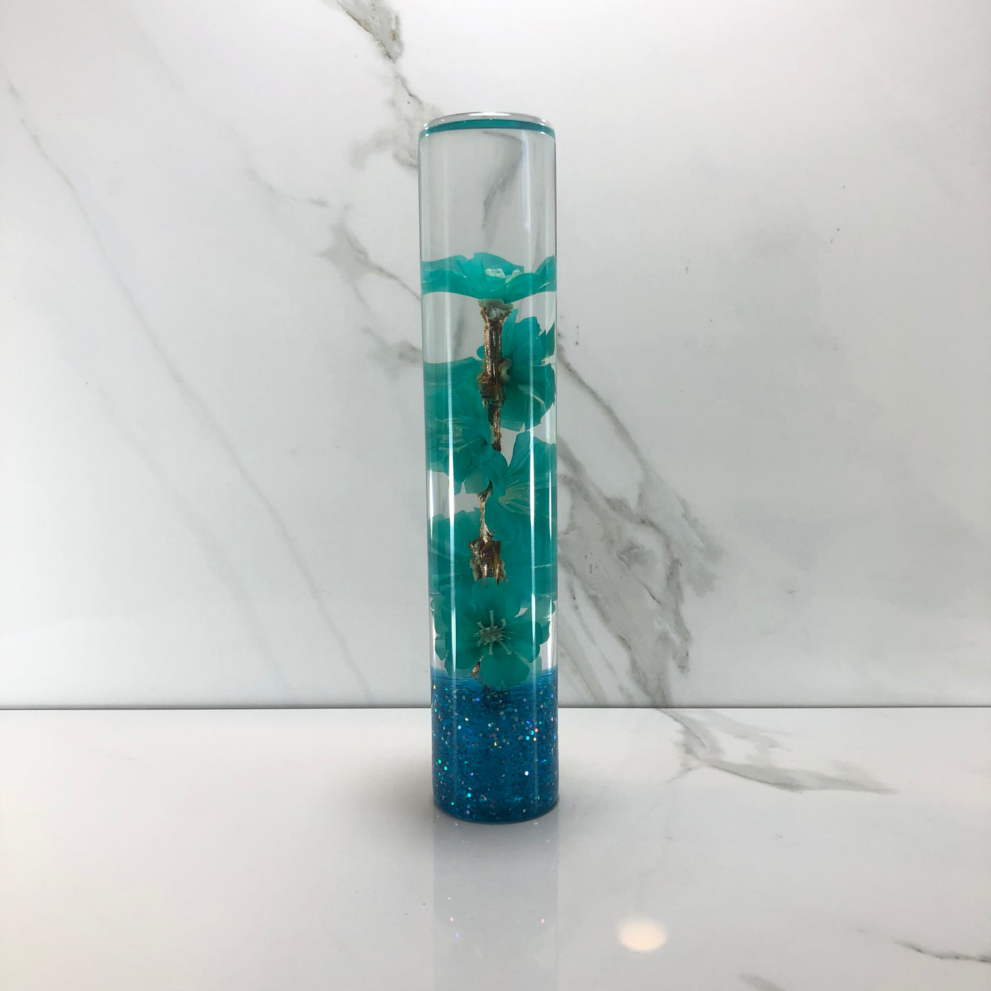 190mm Teal Cherry Blossom Resin Shift Knob — 7.5 in, 12mm x 1.25
