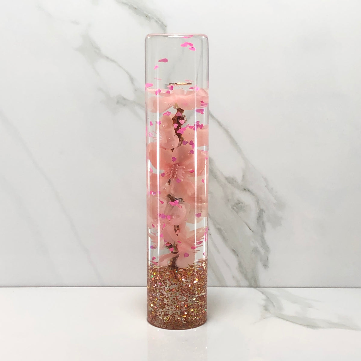 190mm Pink Blossom Heart Resin Shift Knob — 7.5 in, 12mm x 1.25