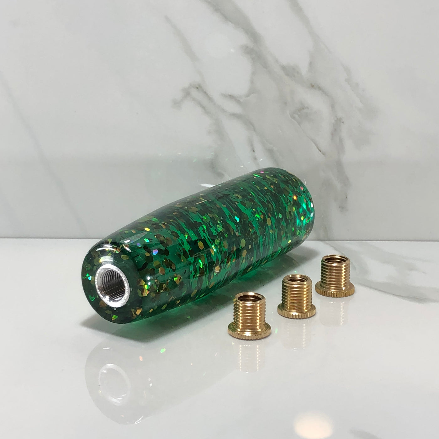 115mm Green Gold Flakes Joystick Resin Shift Knob — 4.5 in, 12mm x 1.25