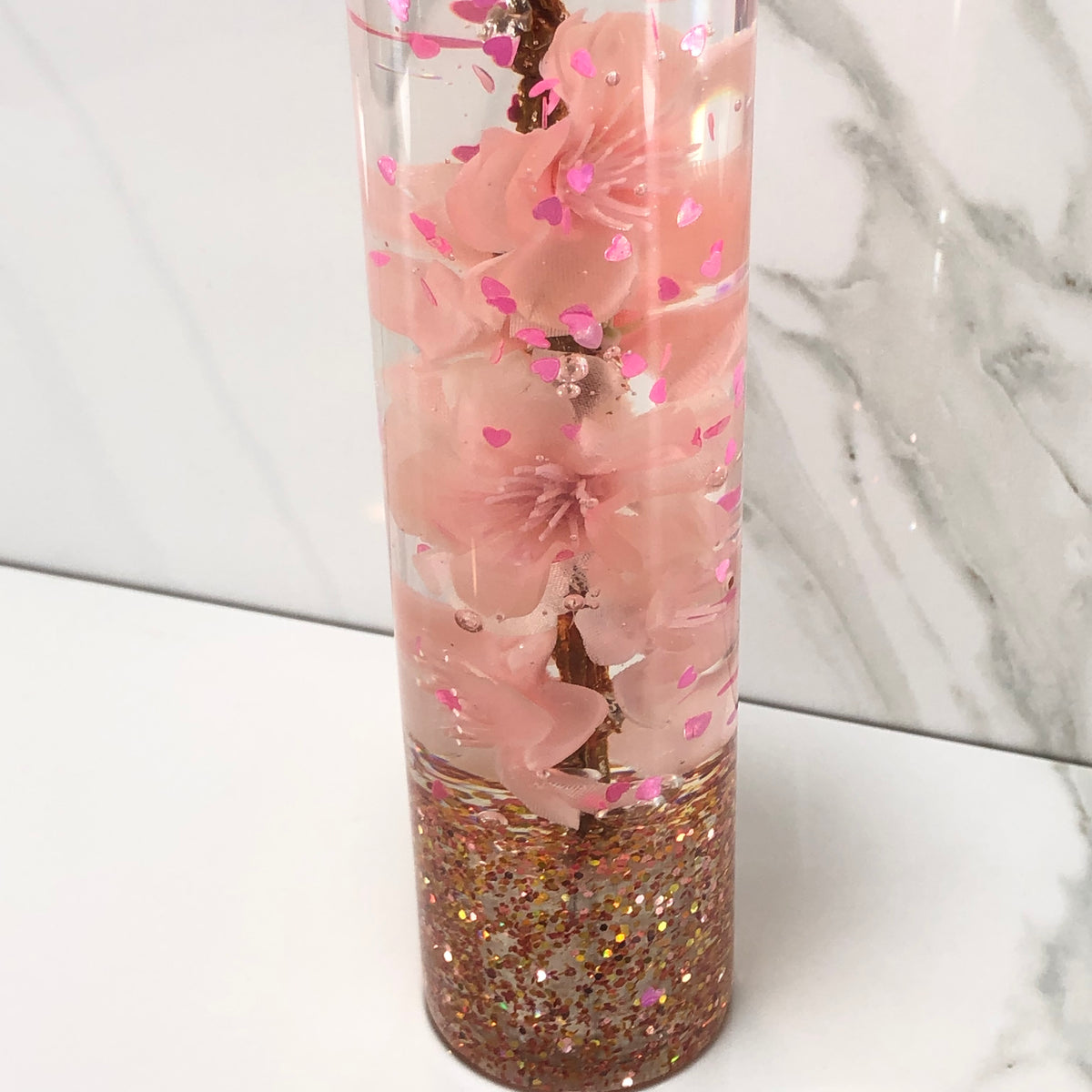 190mm Pink Blossom Heart Resin Shift Knob — 7.5 in, 12mm x 1.25