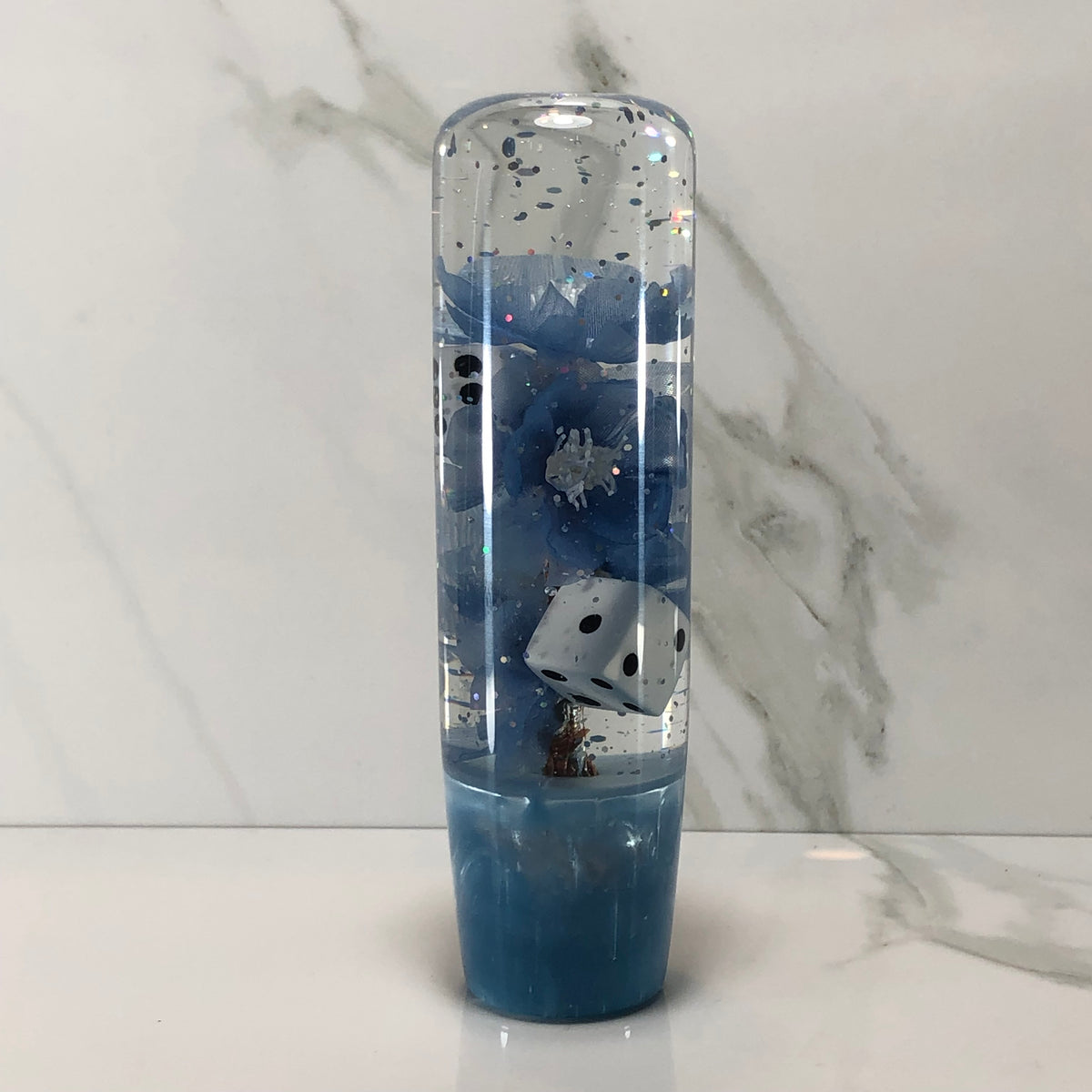 140mm Blue Blossom Dice Resin Shift Knob — 5.5 in, 12mm x 1.25