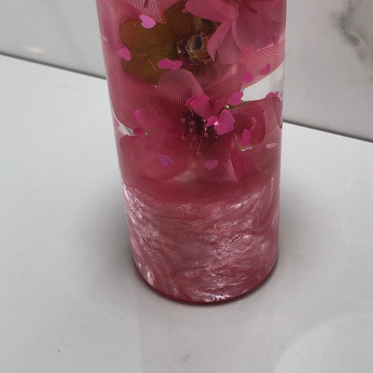 140mm Pink Glitter Blossom Heart Resin Shift Knob — 5.5 in, 12mm x 1.25