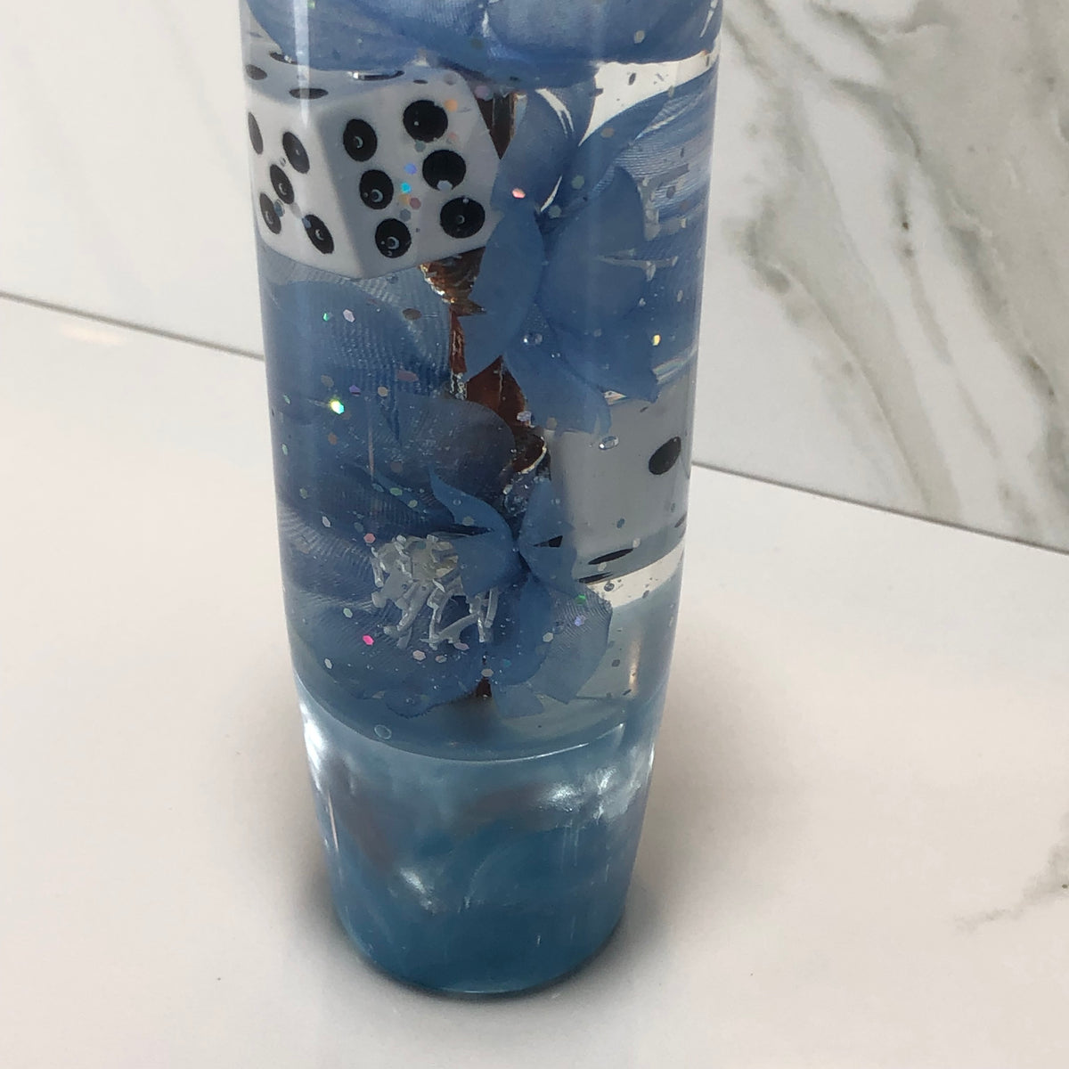 140mm Blue Blossom Dice Resin Shift Knob — 5.5 in, 12mm x 1.25