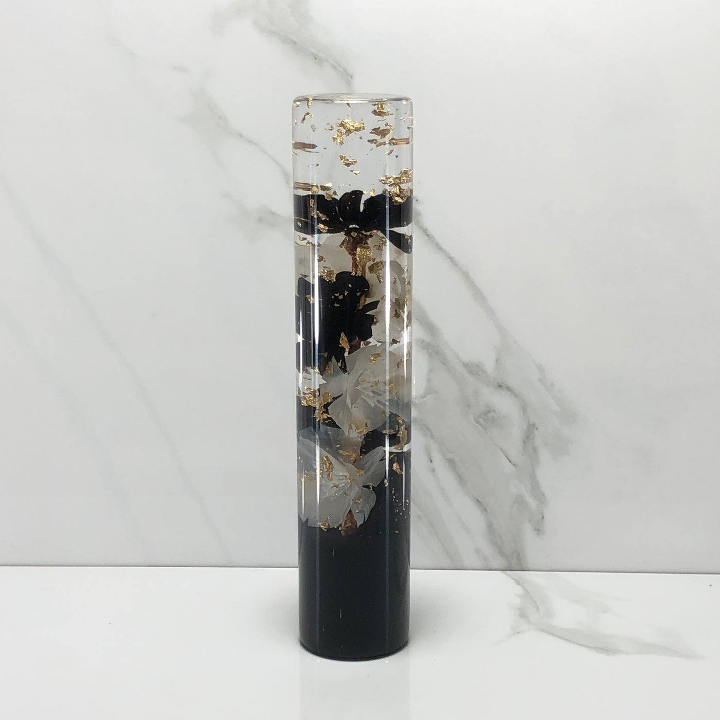190mm Black White Gold Leaf Blossom Resin Shift Knob — 7.5 in, 12mm x 1.25