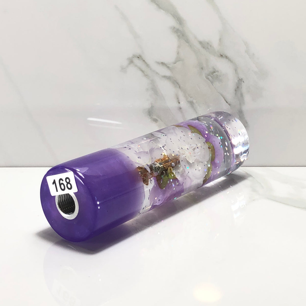 140mm Purple White Blossom Resin Shift Knob — 5.5 in, 12mm x 1.25
