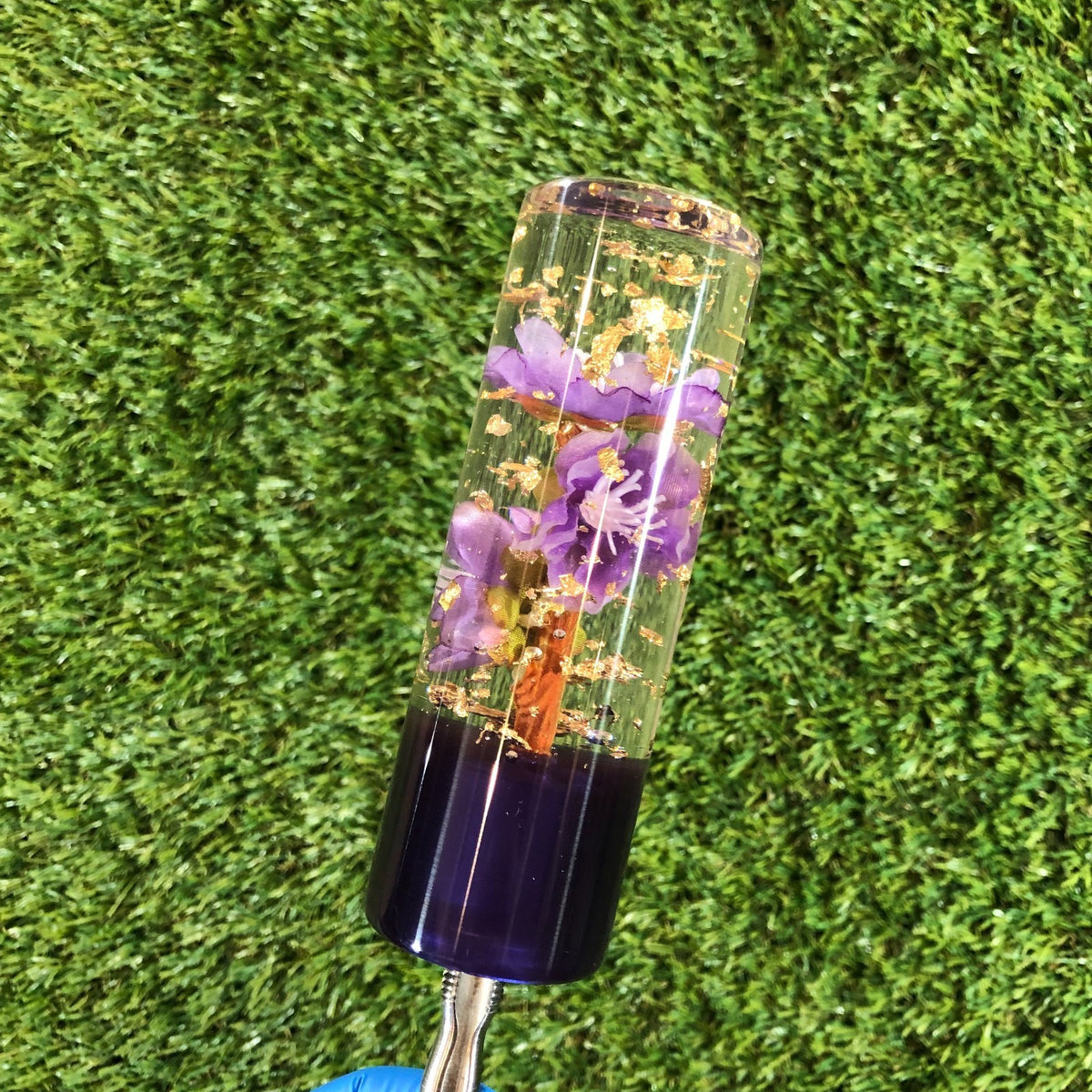 115mm Purple Gold Leaf Cherry Blossom Resin Shift Knob — 4.5 in, 12mm x 1.25