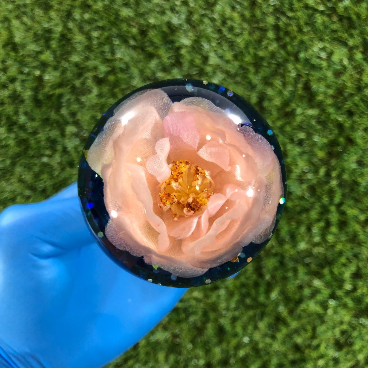 60mm Navy Peach Glitter Rose Resin Shift Knob — 2.4 in, 12mm x 1.25