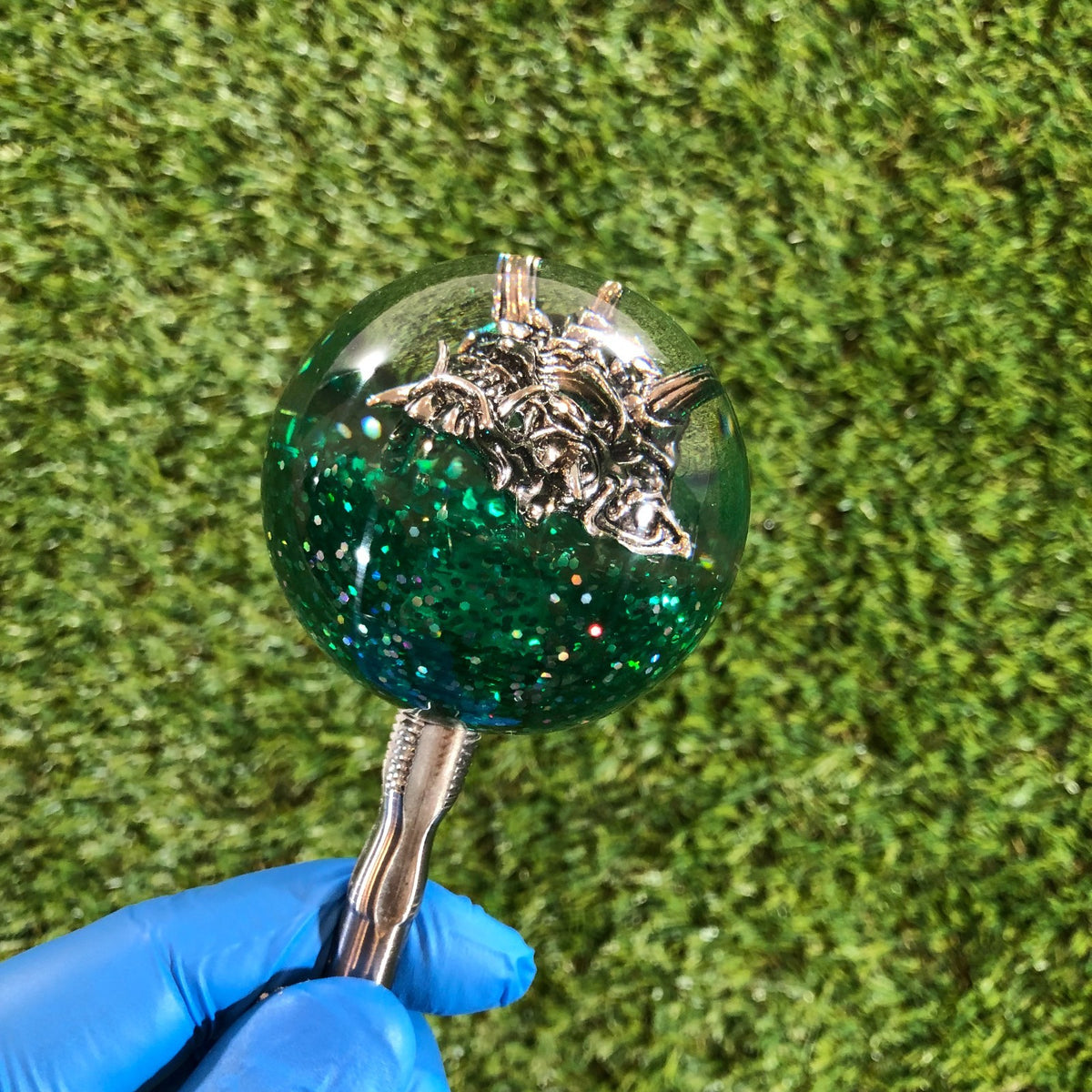 60mm Green Holographic Oni Mask Resin Shift Knob — 2.4 in, 12mm x 1.25