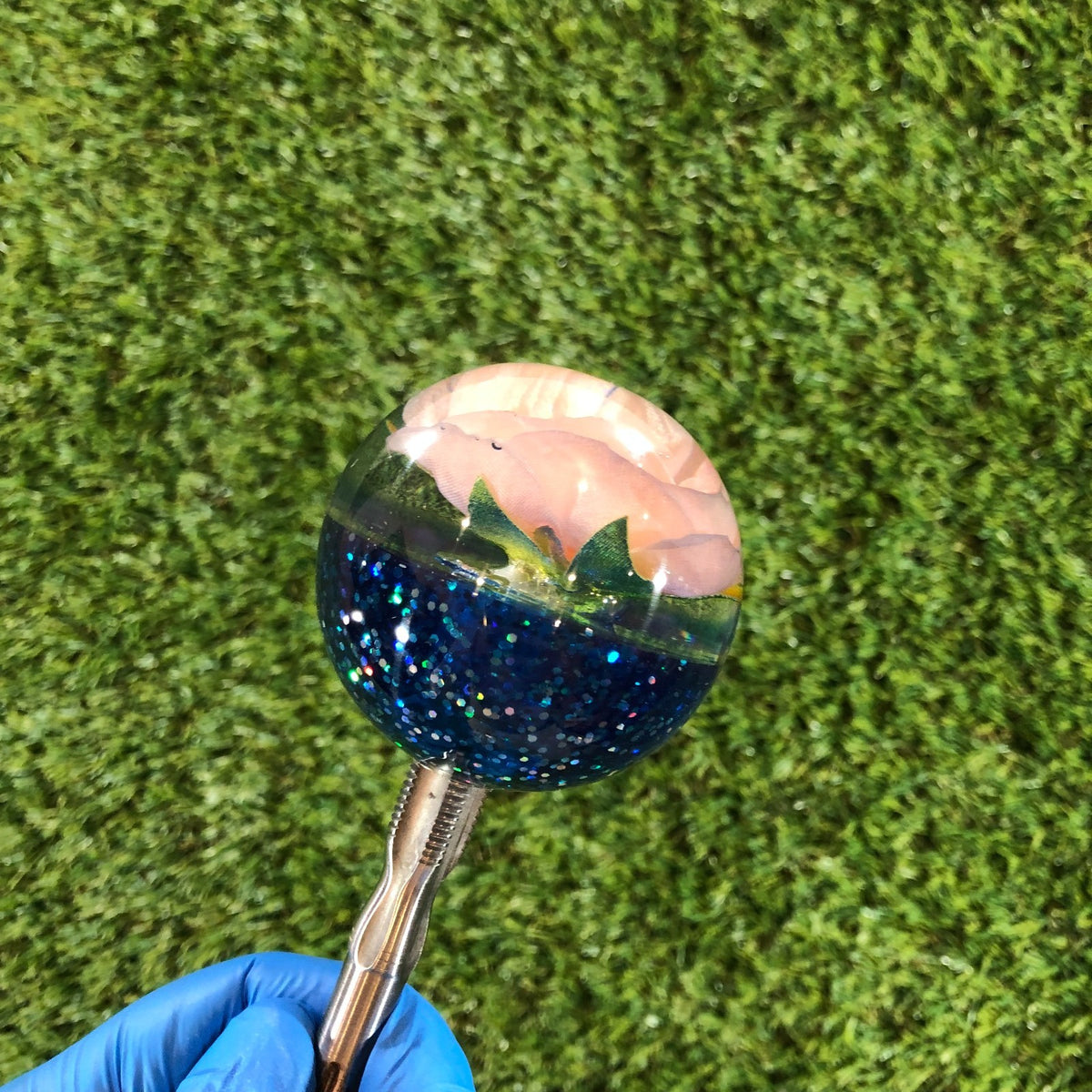 60mm Navy Peach Glitter Rose Resin Shift Knob — 2.4 in, 12mm x 1.25