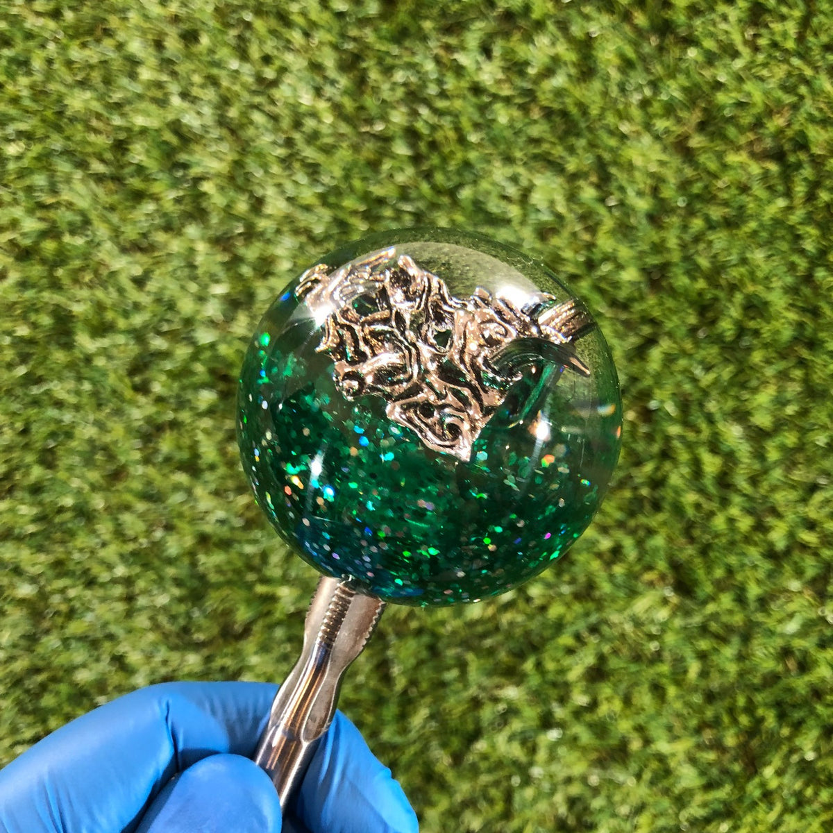 60mm Green Holographic Oni Mask Resin Shift Knob — 2.4 in, 12mm x 1.25