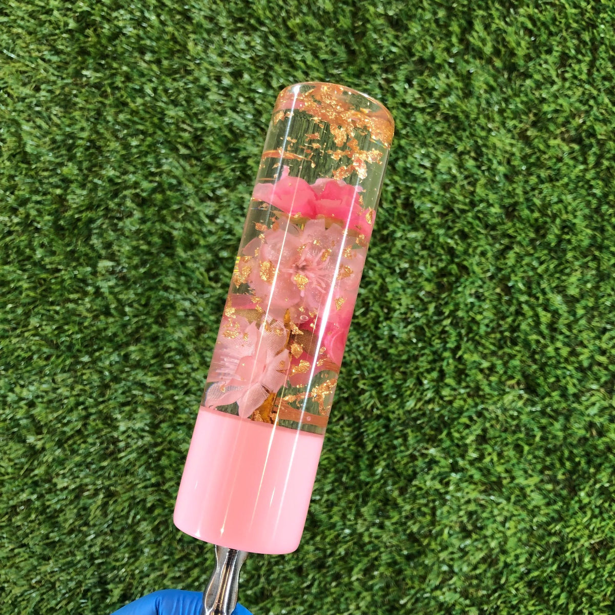 140mm Pink Gold Leaf Cherry Blossom Resin Shift Knob — 5.5 in, 12mm x 1.25