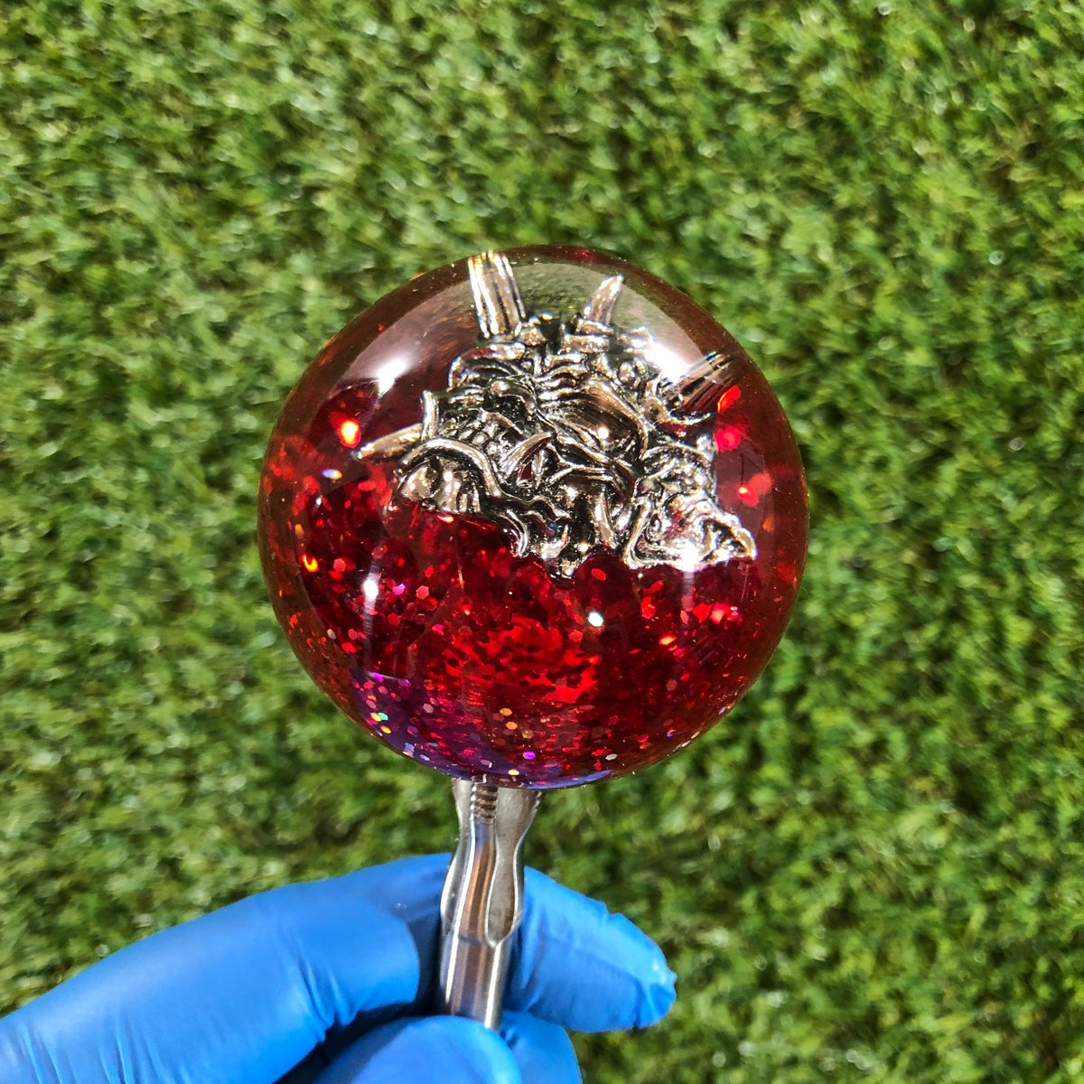 60mm Red Holographic Oni Mask Resin Shift Knob — 2.4 in, 12mm x 1.25