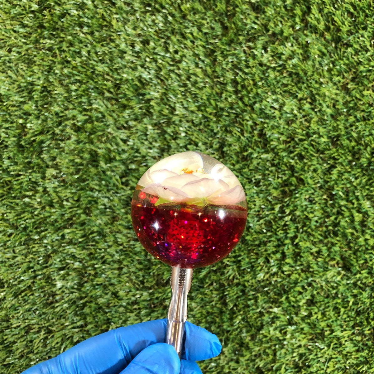 60mm Red White Glitter Rose Resin Shift Knob — 2.4 in, 12mm x 1.25