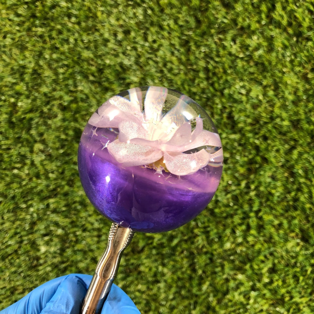 60mm Purple Star Glitter Blossom Resin Shift Knob — 2.4 in, 12mm x 1.25