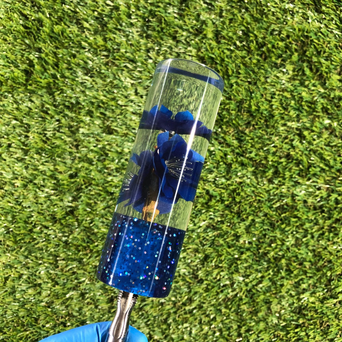 115mm Blue Holographic Flower Resin Shift Knob — 4.5 in, 12mm x 1.25