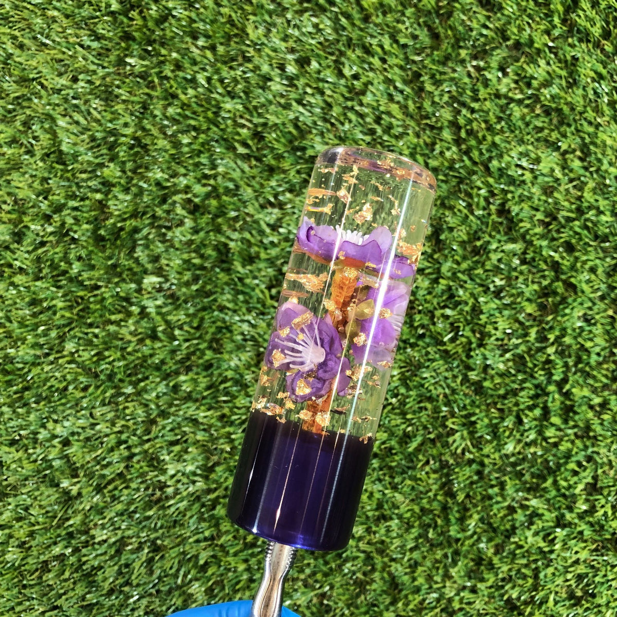 115mm Purple Gold Leaf Cherry Blossom Resin Shift Knob — 4.5 in, 12mm x 1.25