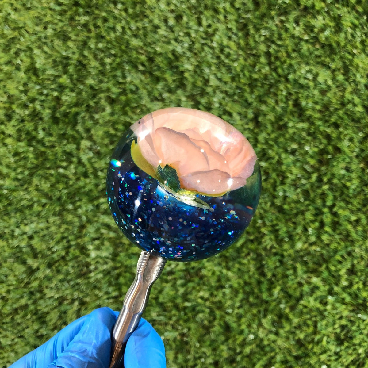 60mm Navy Peach Glitter Rose Resin Shift Knob — 2.4 in, 12mm x 1.25