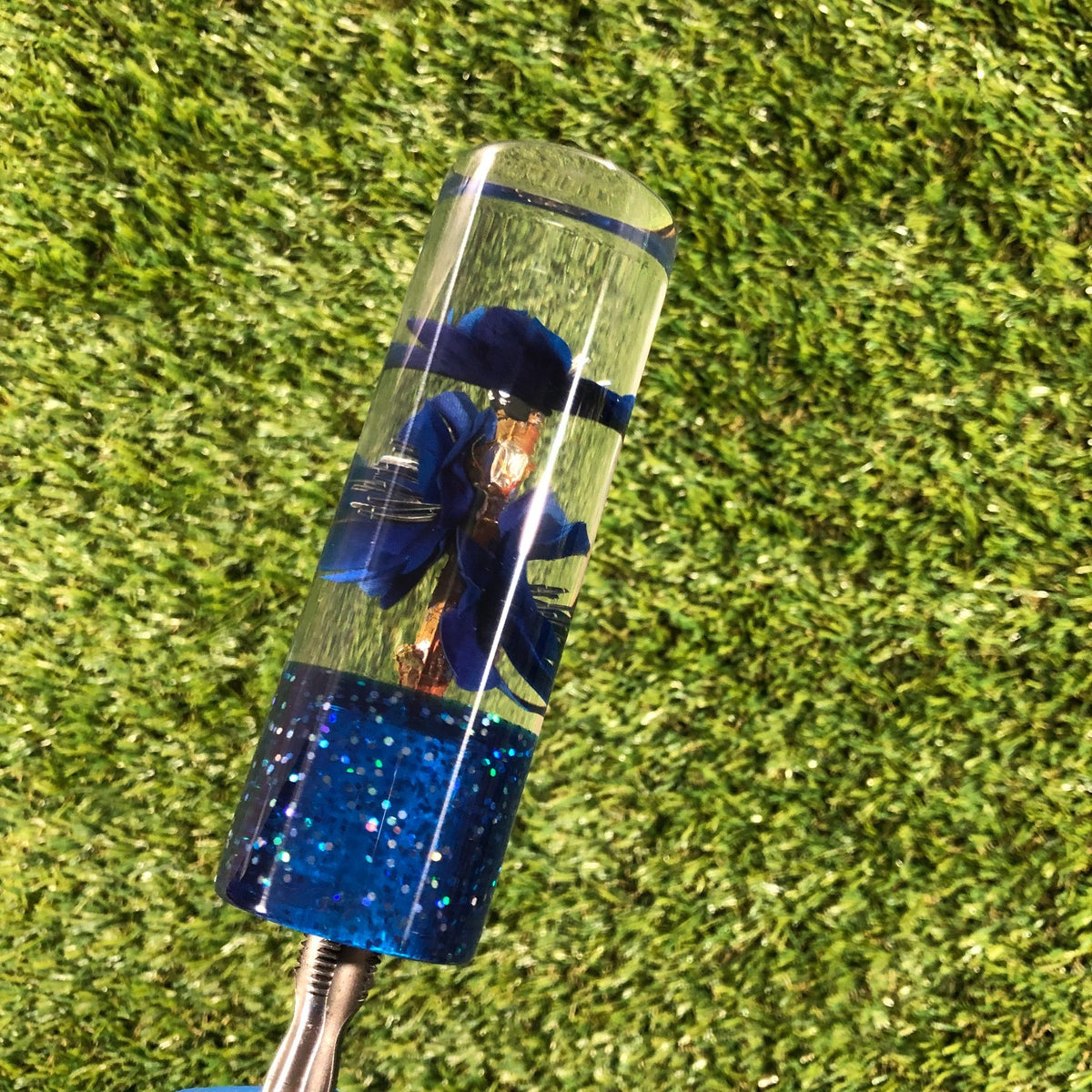 115mm Blue Holographic Flower Resin Shift Knob — 4.5 in, 12mm x 1.25