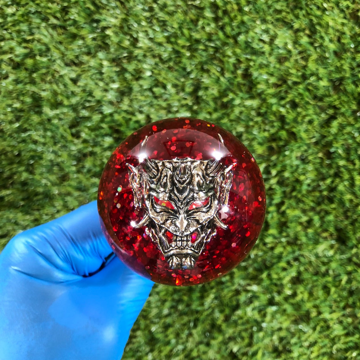 60mm Red Holographic Oni Mask Resin Shift Knob — 2.4 in, 12mm x 1.25