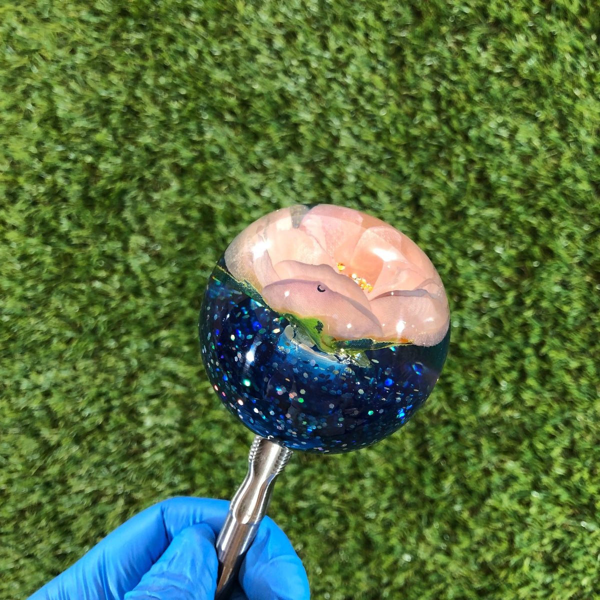 60mm Navy Peach Glitter Rose Resin Shift Knob — 2.4 in, 12mm x 1.25