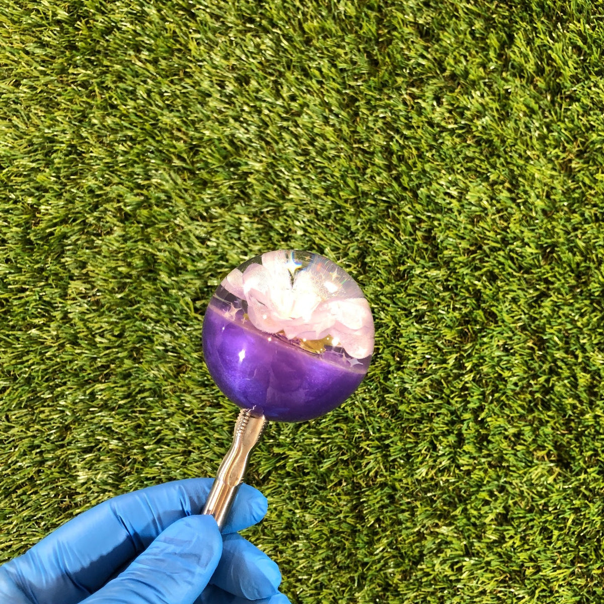 60mm Purple Star Glitter Blossom Resin Shift Knob — 2.4 in, 12mm x 1.25