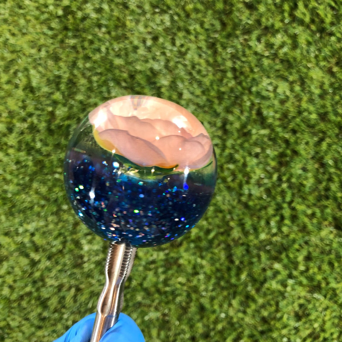 60mm Navy Peach Glitter Rose Resin Shift Knob — 2.4 in, 12mm x 1.25