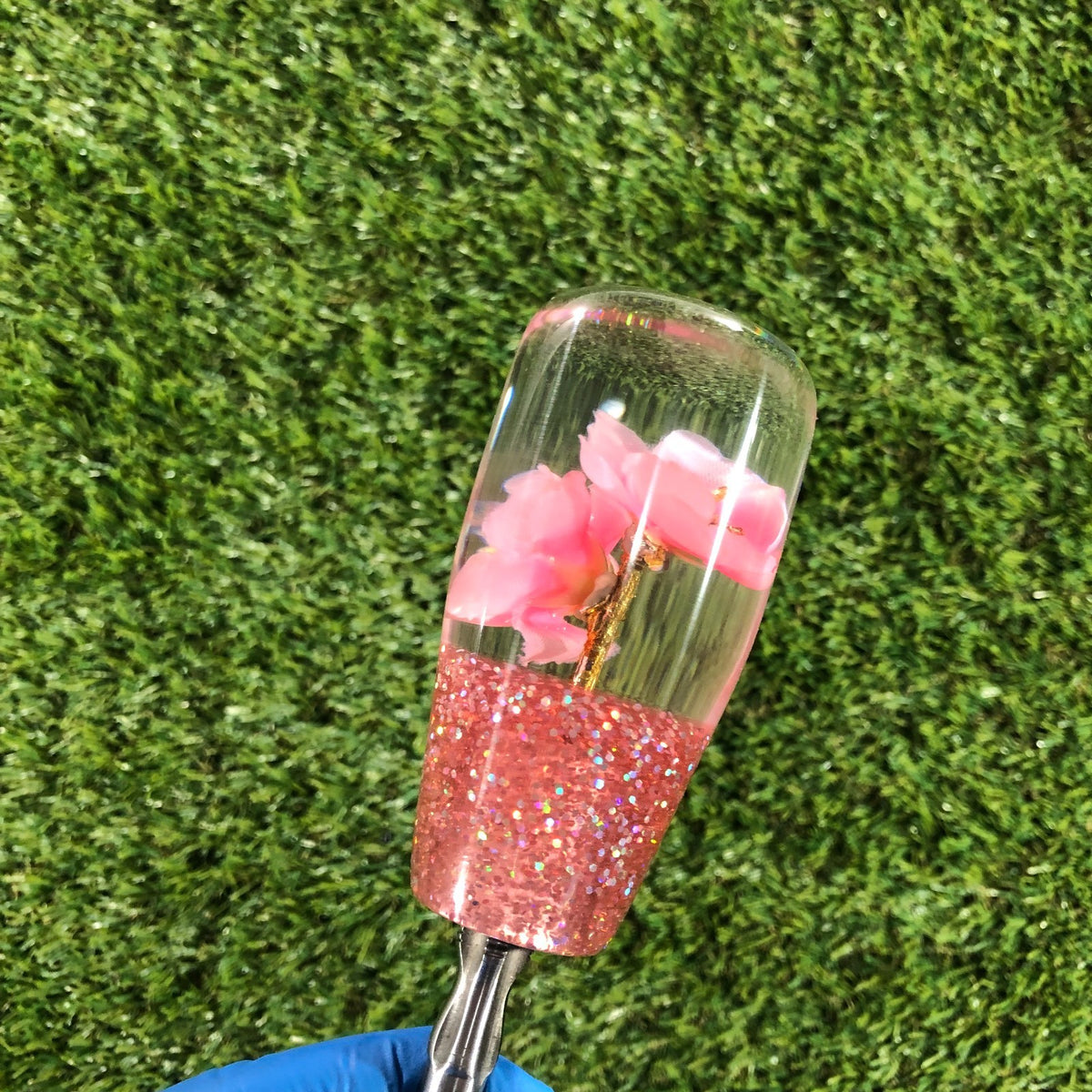 95mm Pink Holographic Flower Resin Shift Knob — 3.5 in, 12mm x 1.25