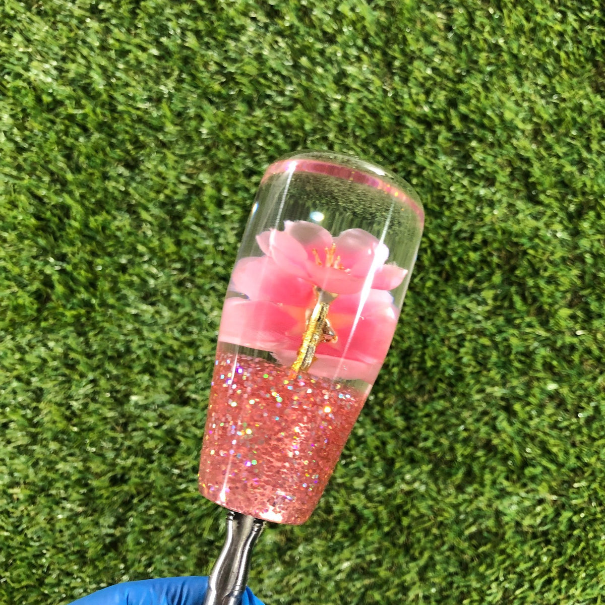 95mm Pink Holographic Flower Resin Shift Knob — 3.5 in, 12mm x 1.25