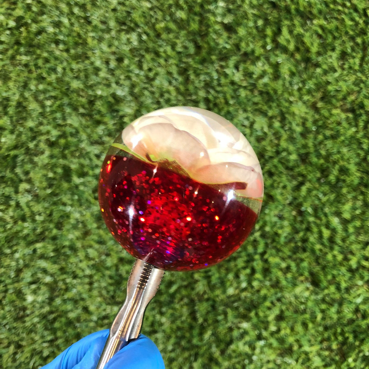 60mm Red White Glitter Rose Resin Shift Knob — 2.4 in, 12mm x 1.25
