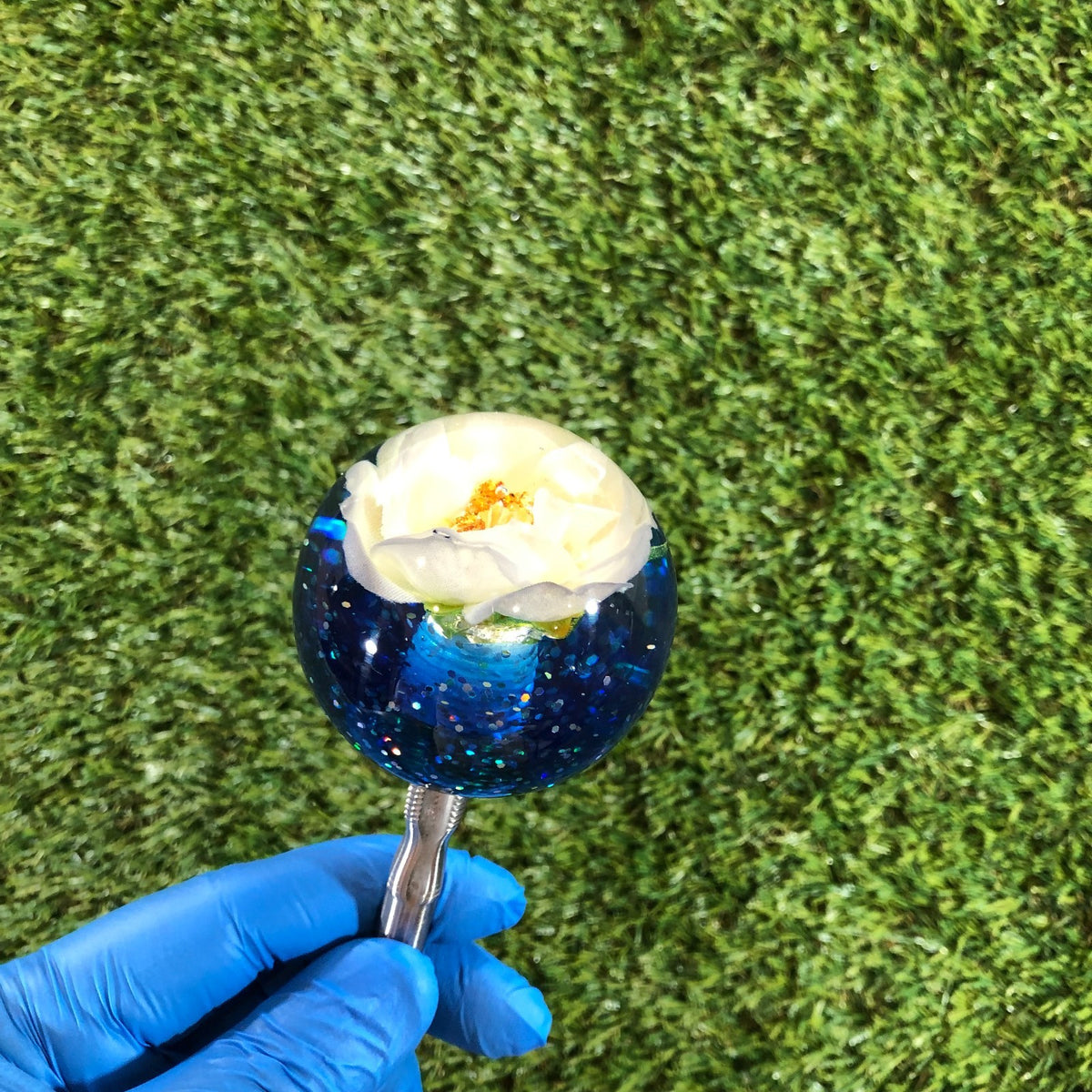 60mm Navy Cream Glitter Rose Resin Shift Knob — 2.4 in, 12mm x 1.25