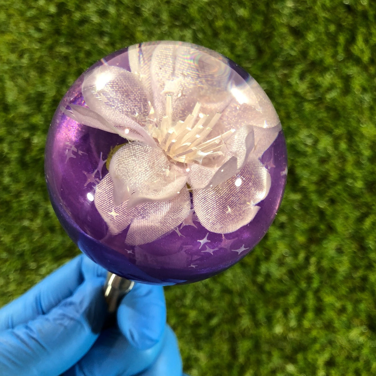 60mm Purple Star Glitter Blossom Resin Shift Knob — 2.4 in, 12mm x 1.25
