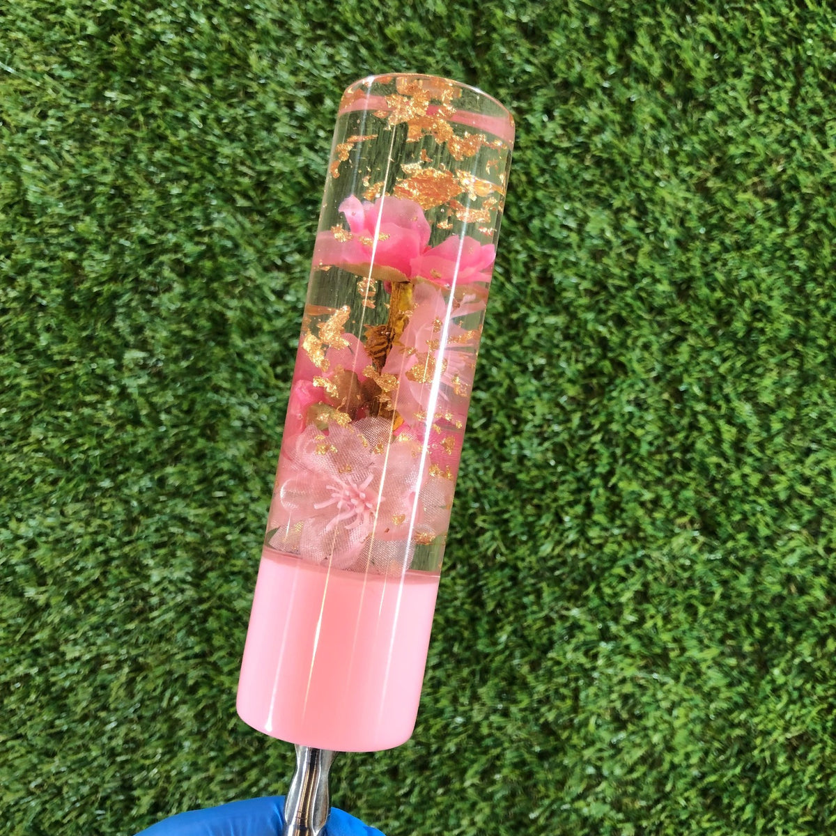 140mm Pink Gold Leaf Cherry Blossom Resin Shift Knob — 5.5 in, 12mm x 1.25