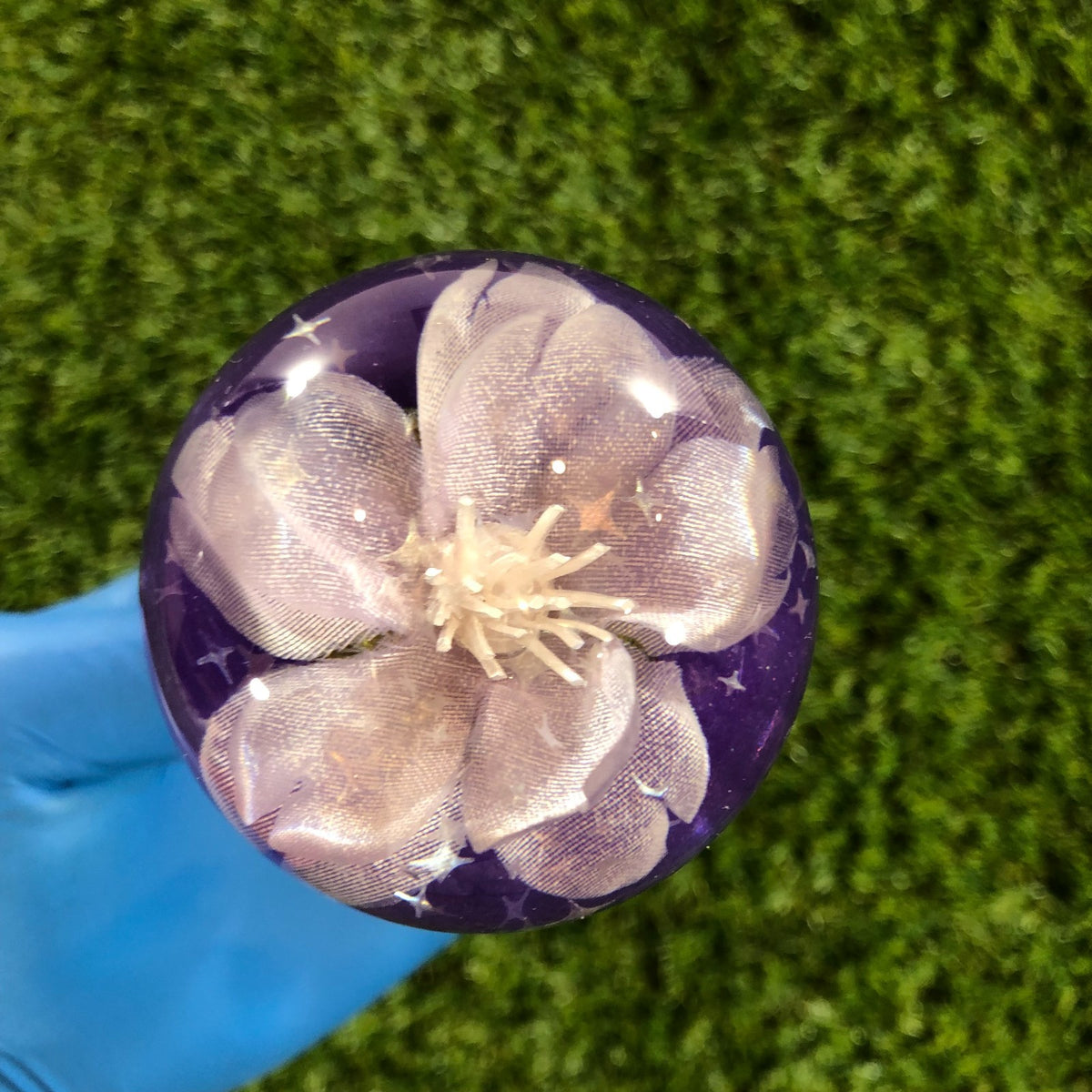60mm Purple Star Glitter Blossom Resin Shift Knob — 2.4 in, 12mm x 1.25