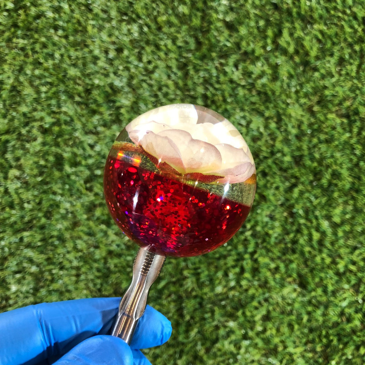 60mm Red White Glitter Rose Resin Shift Knob — 2.4 in, 12mm x 1.25