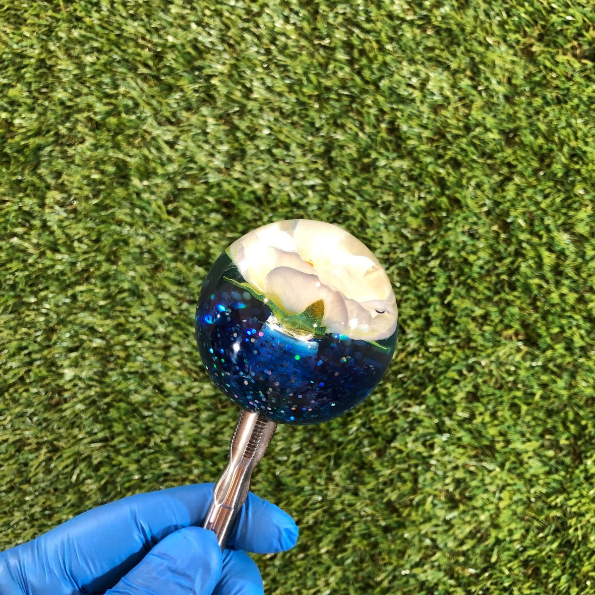 60mm Navy Cream Glitter Rose Resin Shift Knob — 2.4 in, 12mm x 1.25
