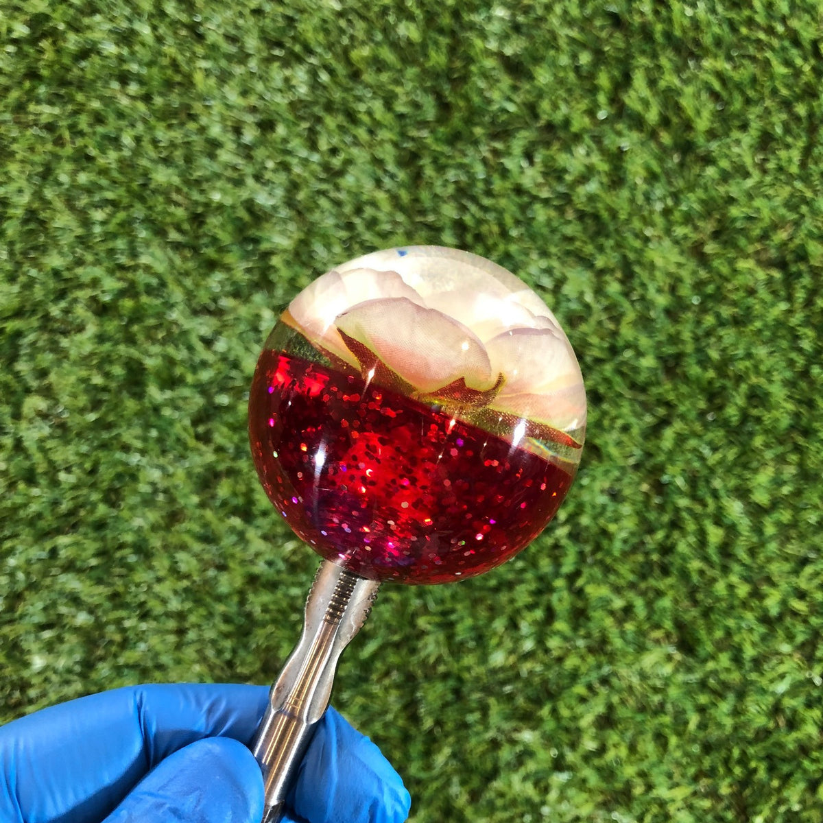 60mm Red White Glitter Rose Resin Shift Knob — 2.4 in, 12mm x 1.25