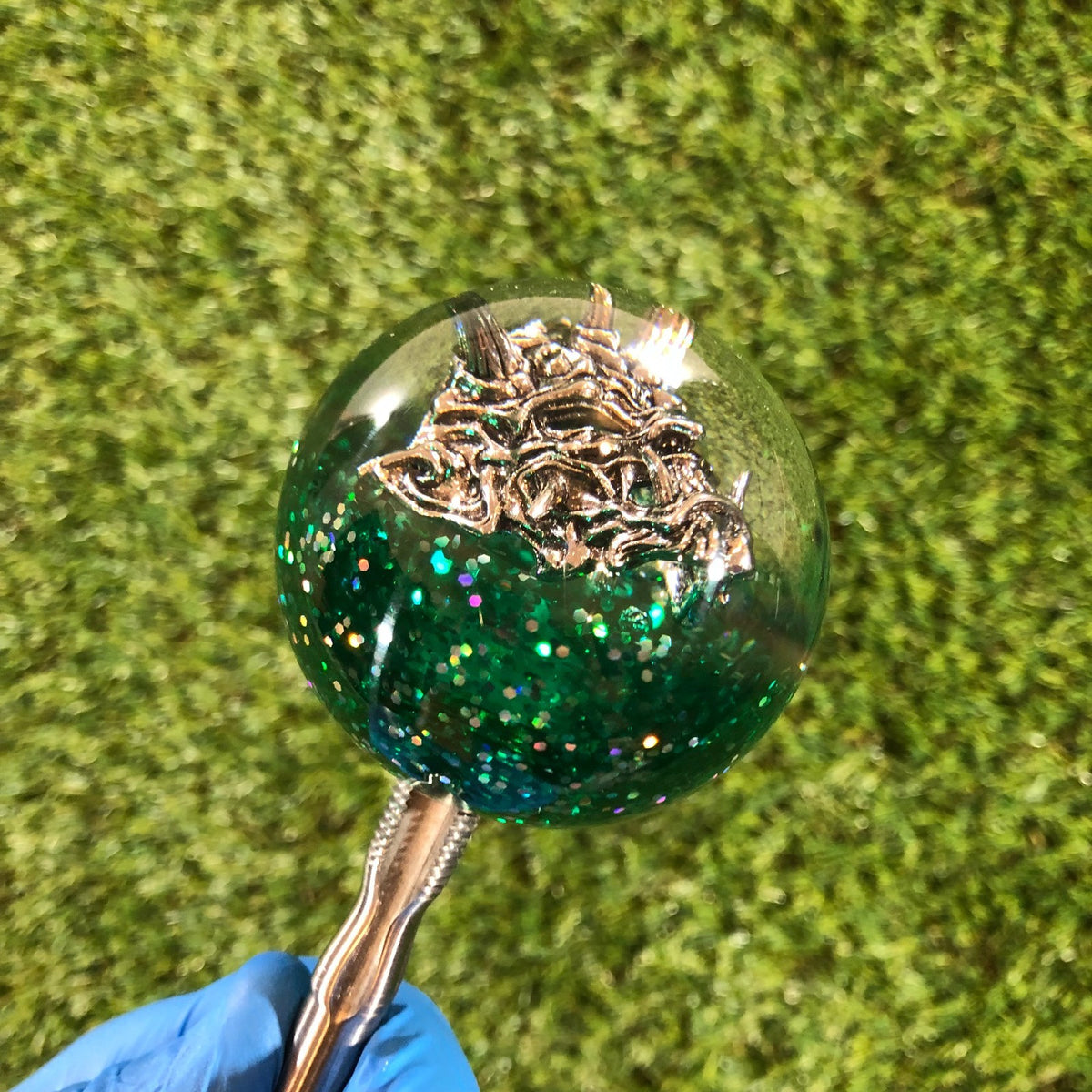 60mm Green Holographic Oni Mask Resin Shift Knob — 2.4 in, 12mm x 1.25