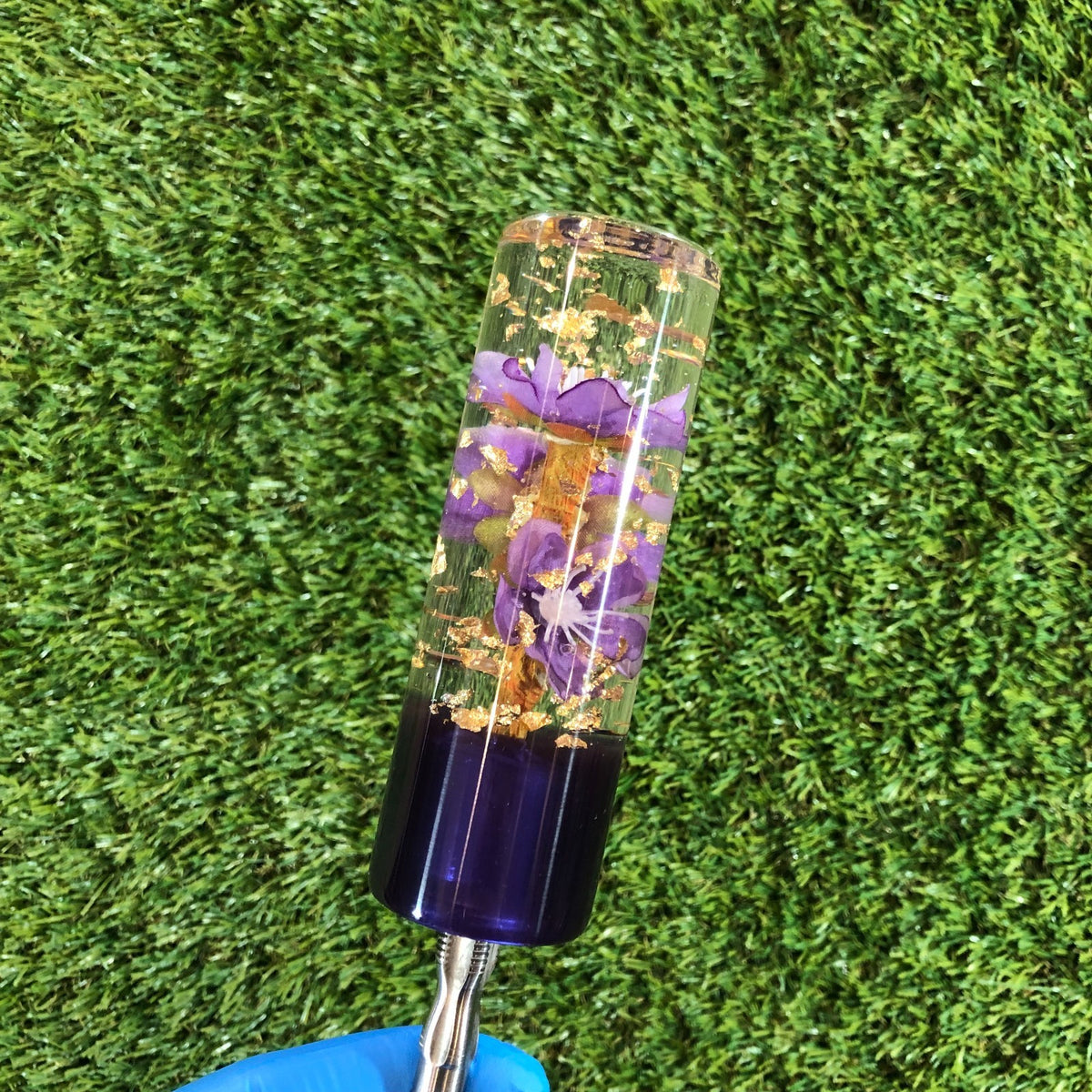 115mm Purple Gold Leaf Cherry Blossom Resin Shift Knob — 4.5 in, 12mm x 1.25