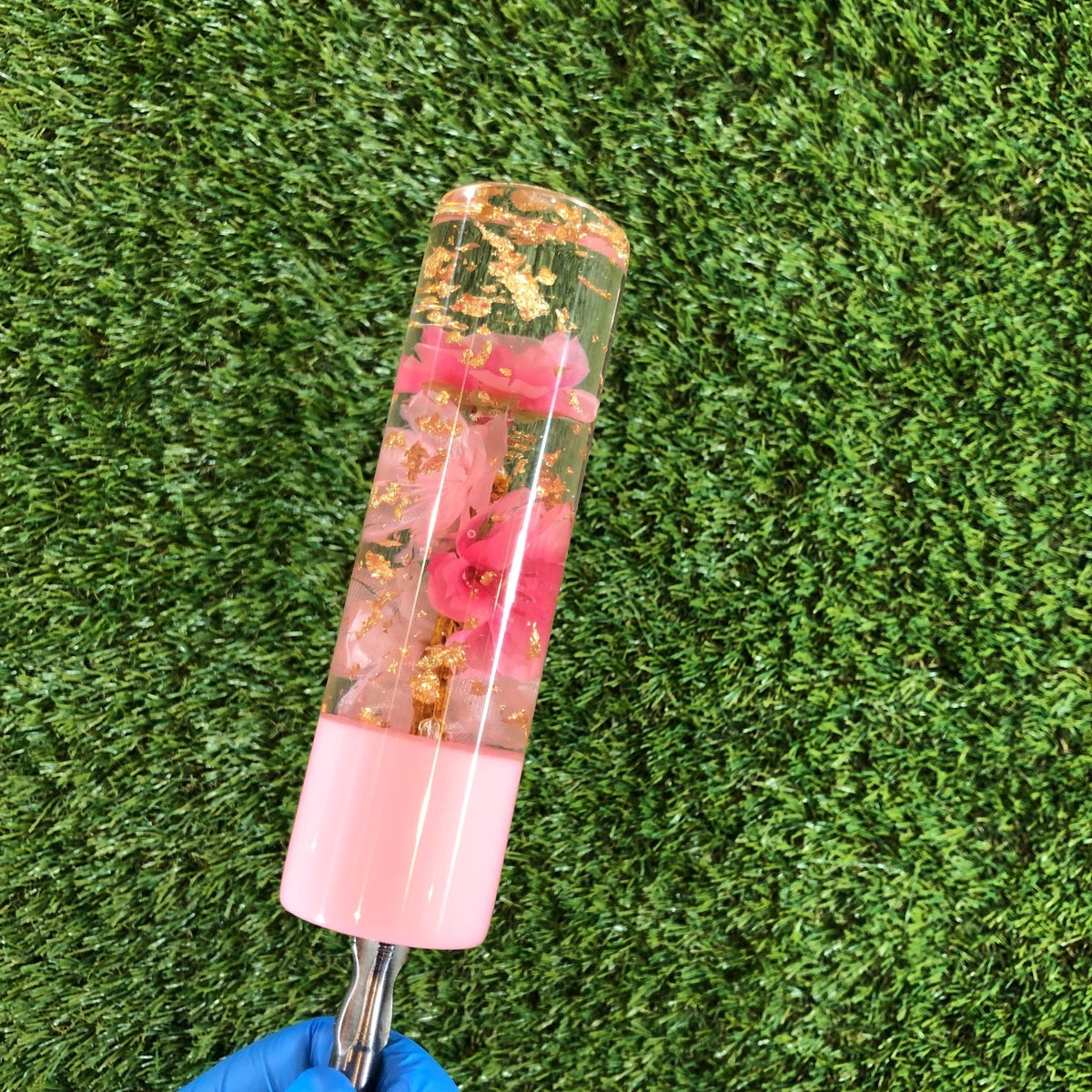 140mm Pink Gold Leaf Cherry Blossom Resin Shift Knob — 5.5 in, 12mm x 1.25